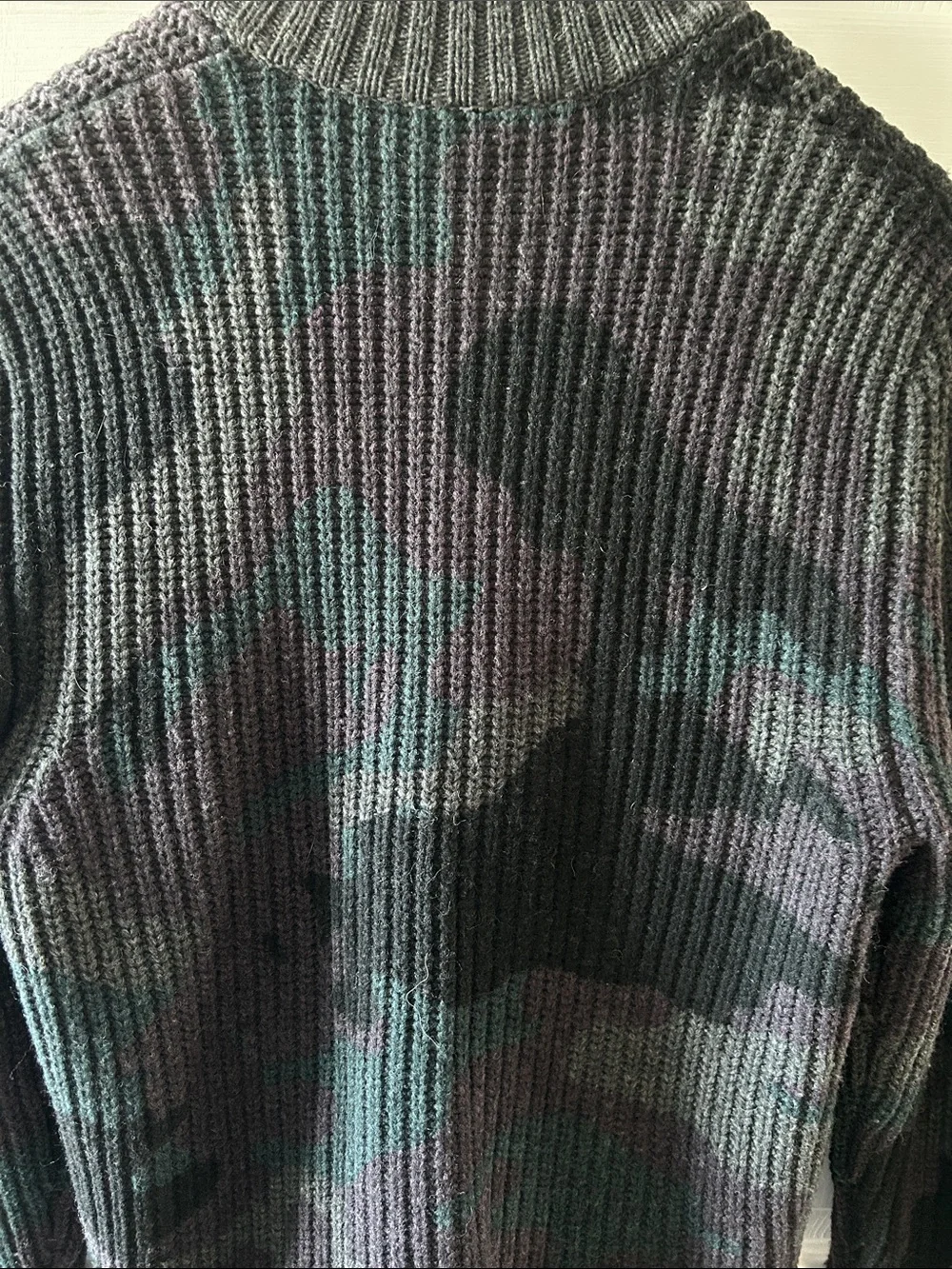 True Religion Men's Dark Gray Camo Zip Rib Knit Sweater with Purple & Teal Tones